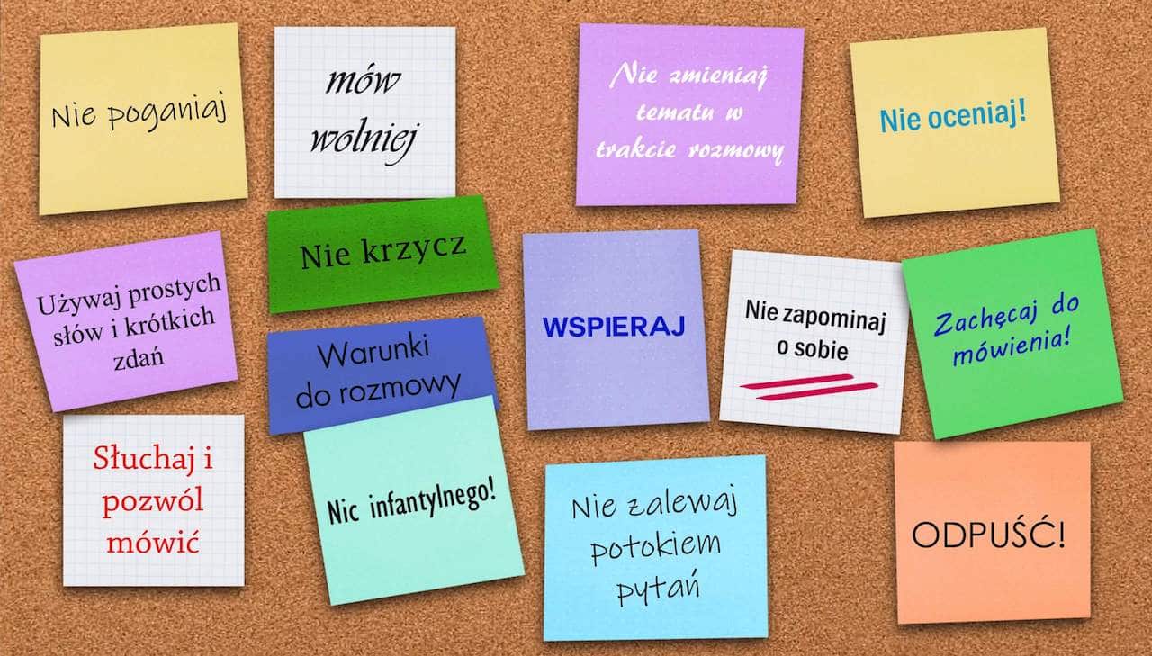 Infografika z zasadami komunikacji z osobą z afazją po udarze.