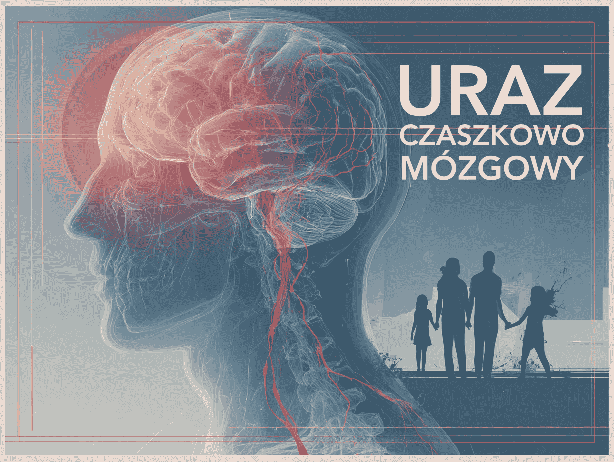 Grafika z napisem Uraz czaszkowo-mózgowy.